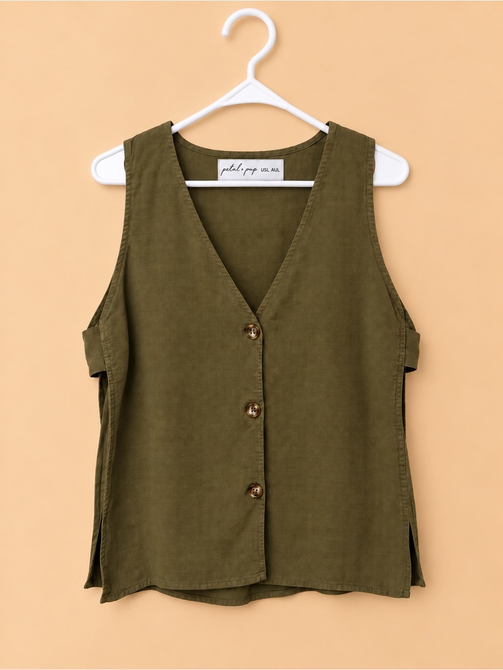 Olive Button-Front V-Neck Sleeveless Two Piece Set